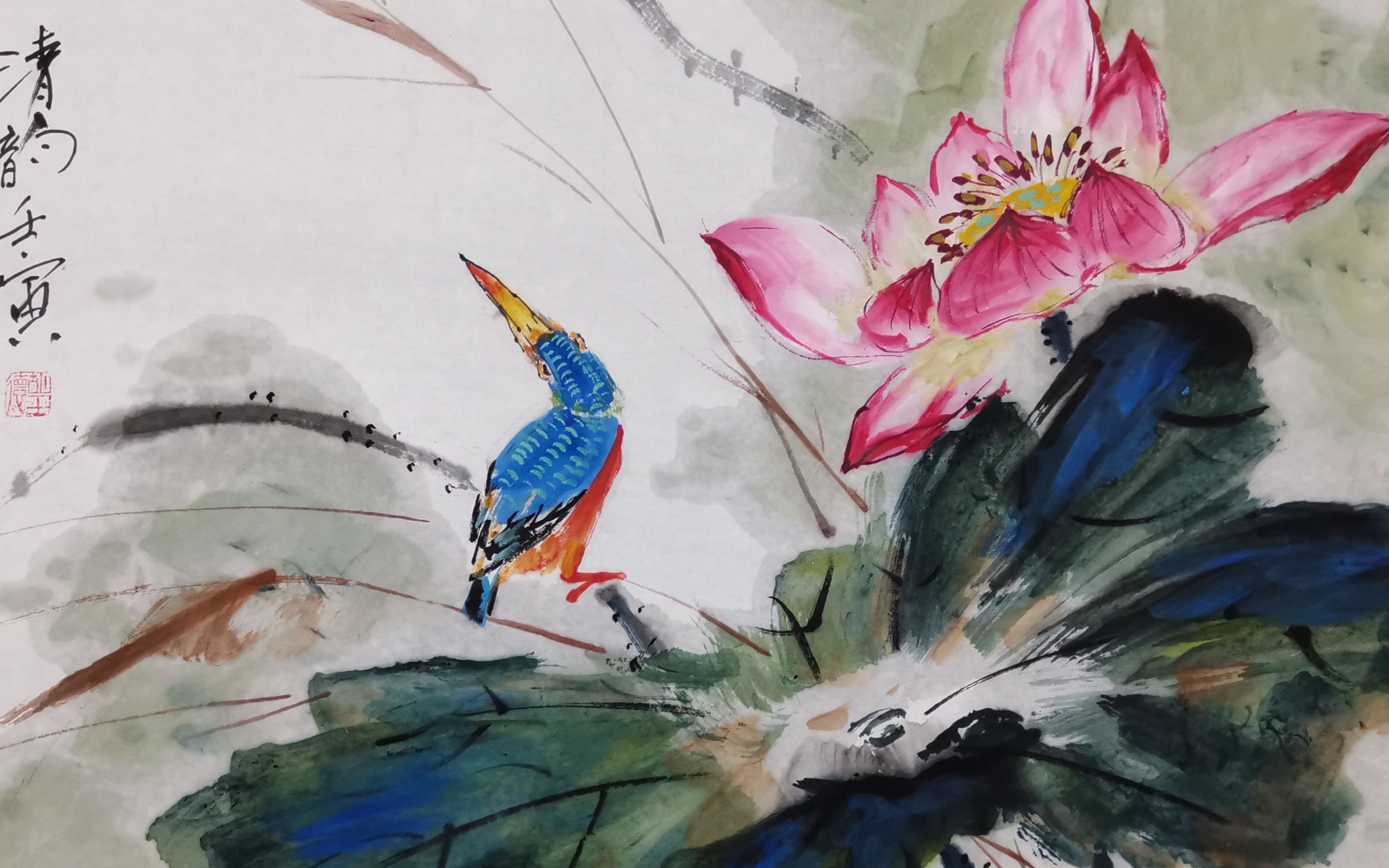 荷花与翠鸟鸳鸯国画小写意技法讲解